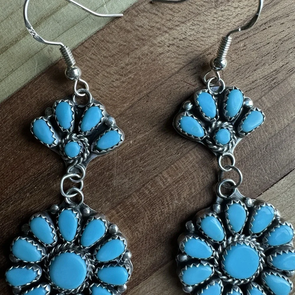 Vintage Zuni Hook Dangle Earrings 3.4 Inch Blue Turquoise 925 Sterling 12.5g